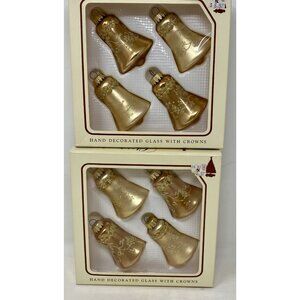 8 Vintage German Glass Christmas Ornaments Gold Glitter Bells Krebs West Germany